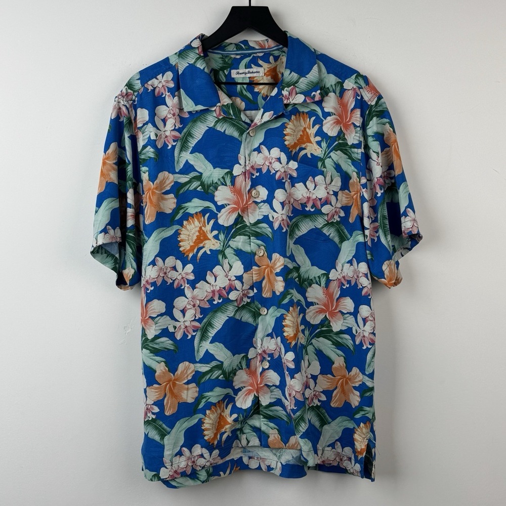 Tommy Bahama Button Up Shirt Mens L Blue Floral Hawaiian Coolmax Short Sleeve